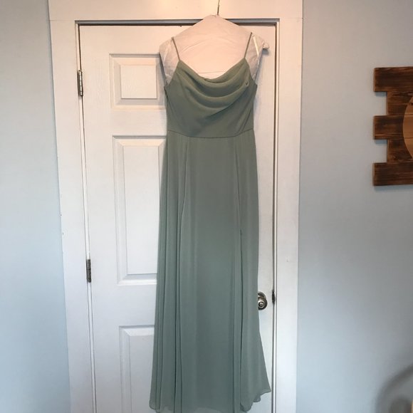 Davids Bridal cowl neck chiffon bridesmaid dress with slit - Picture 13 of 14